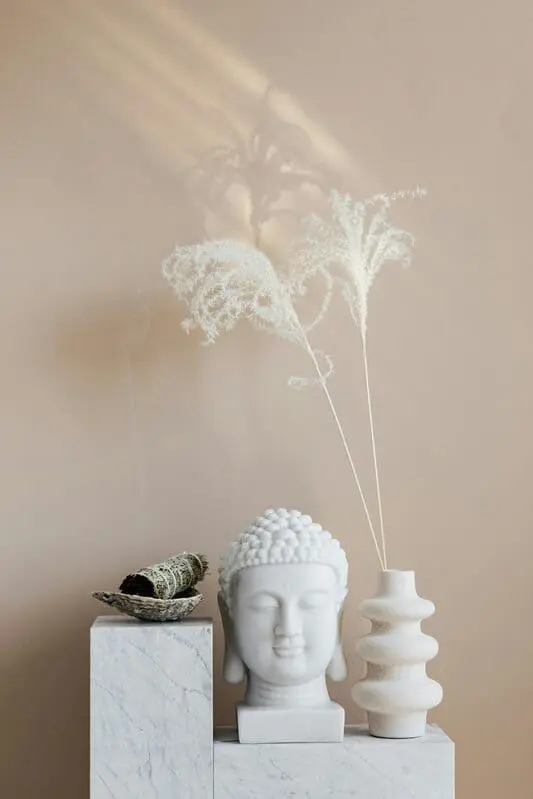 pexels-karolina-grabowska-4203102-scaled-_1_-_1_ tête de boudha posé sur bloc en marbre et vase blanc avec des pampas